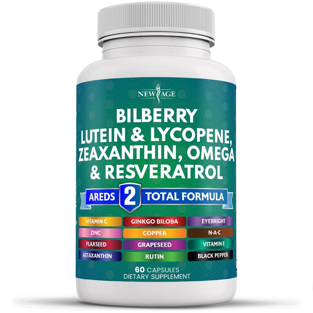 NEW AGE Eye Health Vitamins with Bilberry Lutein & Zeaxanthin Lycopene Resveratrol Grape Seed Astaxanthin - Eye Vitamin - 60 Count