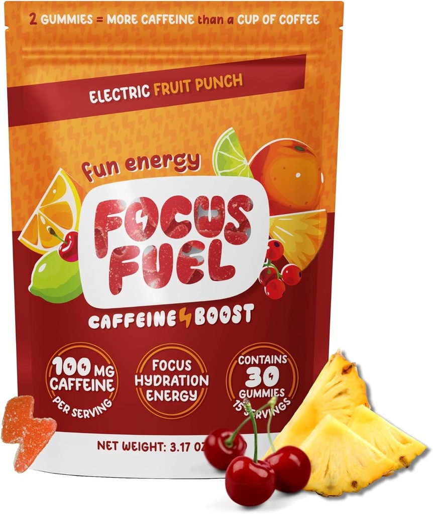 FocusFuel Energy Chews – Fruit Punch Flavor (15 Servierungen) – 100mg Koffein + L-Theanin + B12, Magnesium – Boost Focus & Energy – kein Crash oder Jitter