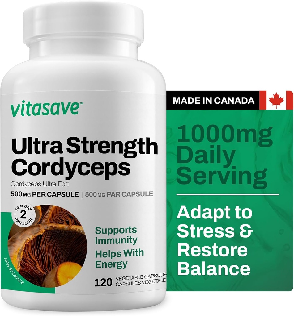 Vitasave Cordyceps Mushroom Supplement – 1000mg Ultra Strength – Natural Energy, Endurance & Immune Support – Pure Vegan Capsules – Non-GMO, Gluten-Free – 120 Count (60 Day Supply)