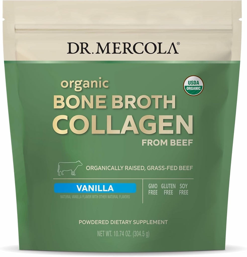 Mercola Organization Bone Broth Collagen Powder博士 - 支持骨质健康与肌肉生长 - USDA Organization, 非GMO, Gluten-Free & Dairy-Free - 30 services - Vanilla Flavor