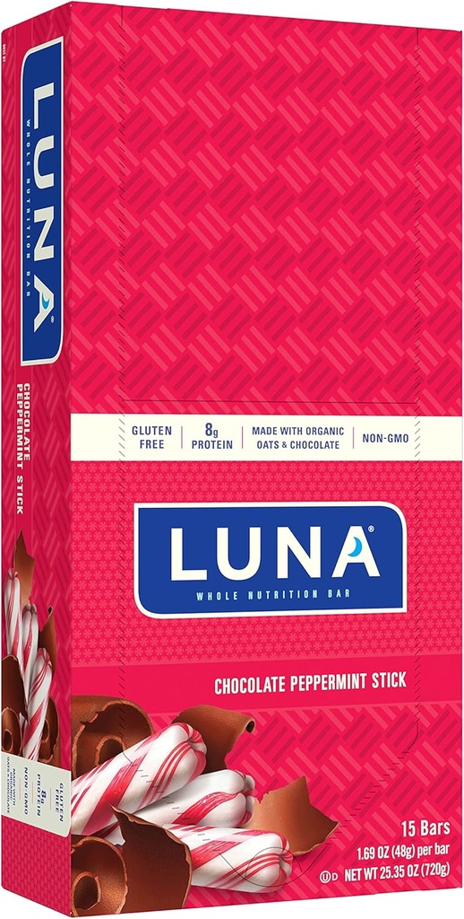 LUNA - Gluten Free Snack Bary - Chocolate Peppermint Stick -8g proteinu - Non- GMO - Plant- based Worsome Snacking - On the Go Snacks (1.69 Ounce Snack Bars, 15 Count)