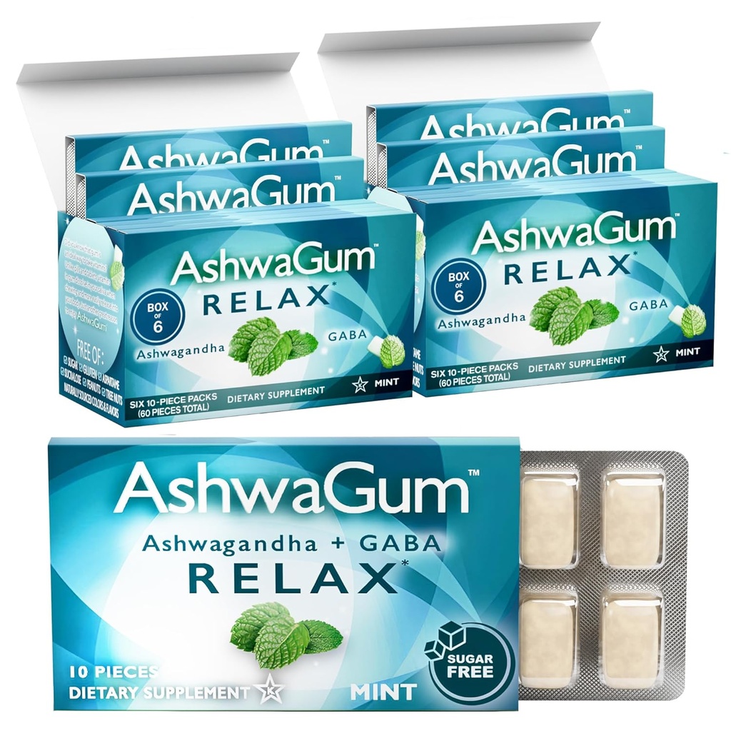 AshwaGum RELAX Gum by BetterGum, High Potency Supplement with KSM 66 Ashwagandha and Gaba, Supports Stres and Tension Relief, Alternative to Gummies, Sugar-free, Pack of 2