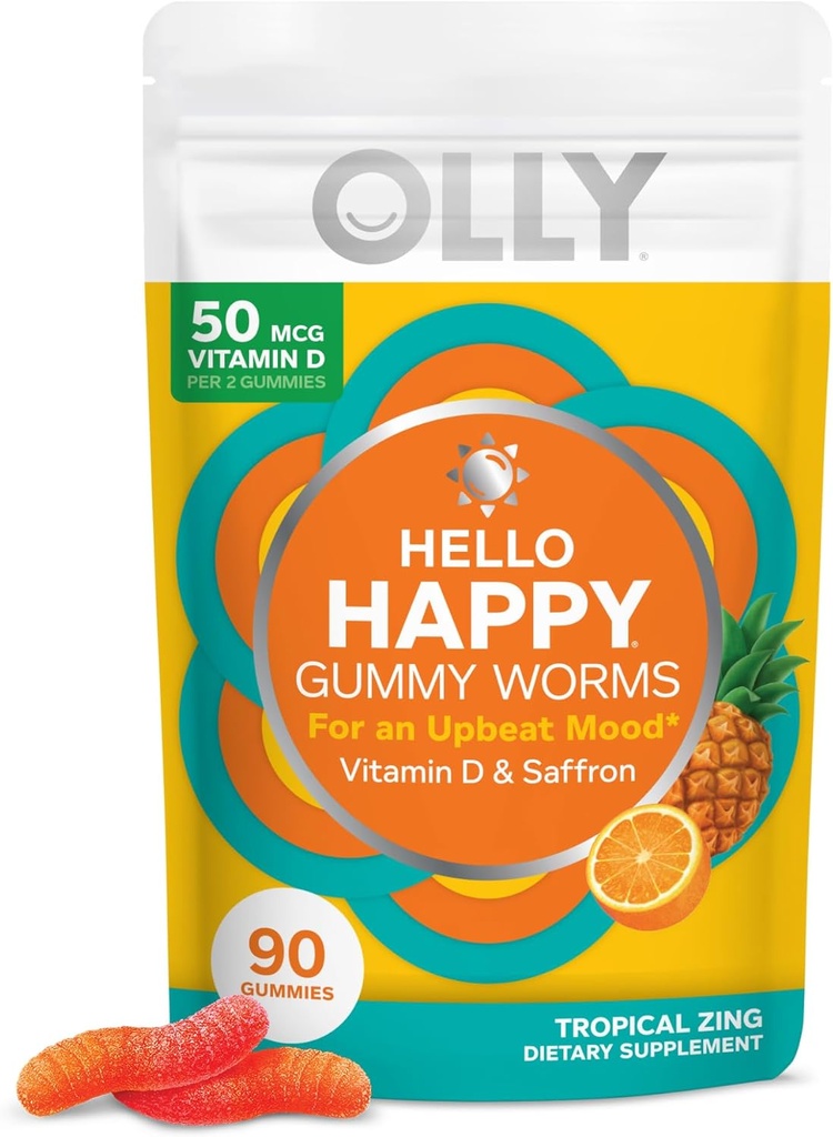 OLLY Hello Happy Gummy Worms, Mood Balance Support, ויטמין D, Saffron, Adult Chewable Supplement, Gluten Free, Tropical Zing - 90 Count