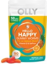 OLLY Hello Happy Gummy Worms, Mood cán cân thăng bằng, vitamin D, Saffron, người trưởng thành, Gluten Free, Tropical Zing - 90 bá tước
