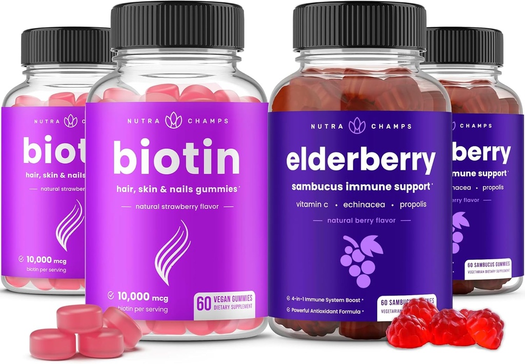 NutraChamps Biotin Gummies (2 팩) 및 Elderberry Gummies (2 팩) 4 팩 번들
