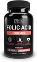 Folic Acid Supplement | 1000 mcg Per Servering, 200 kapslar | Stöd Hjärthälsa, Prenatal Support Supplement | Non-GMO, 3rd Party Tested