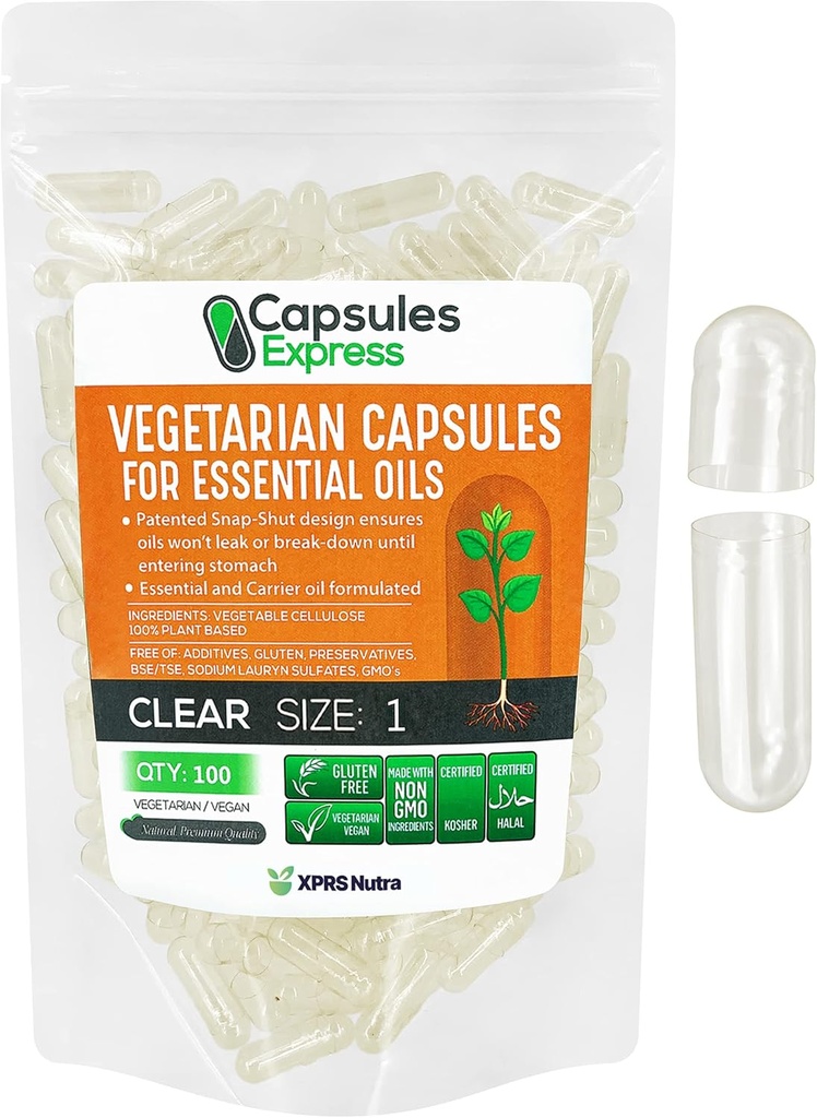 XPRS Nutra Size 1 Empty Vegan Capsule - 100 Count Clear Veggie Capsule per la maggior parte degli oli essenziali - Pillole vegetali vuoti - Riempimento olio fai da te