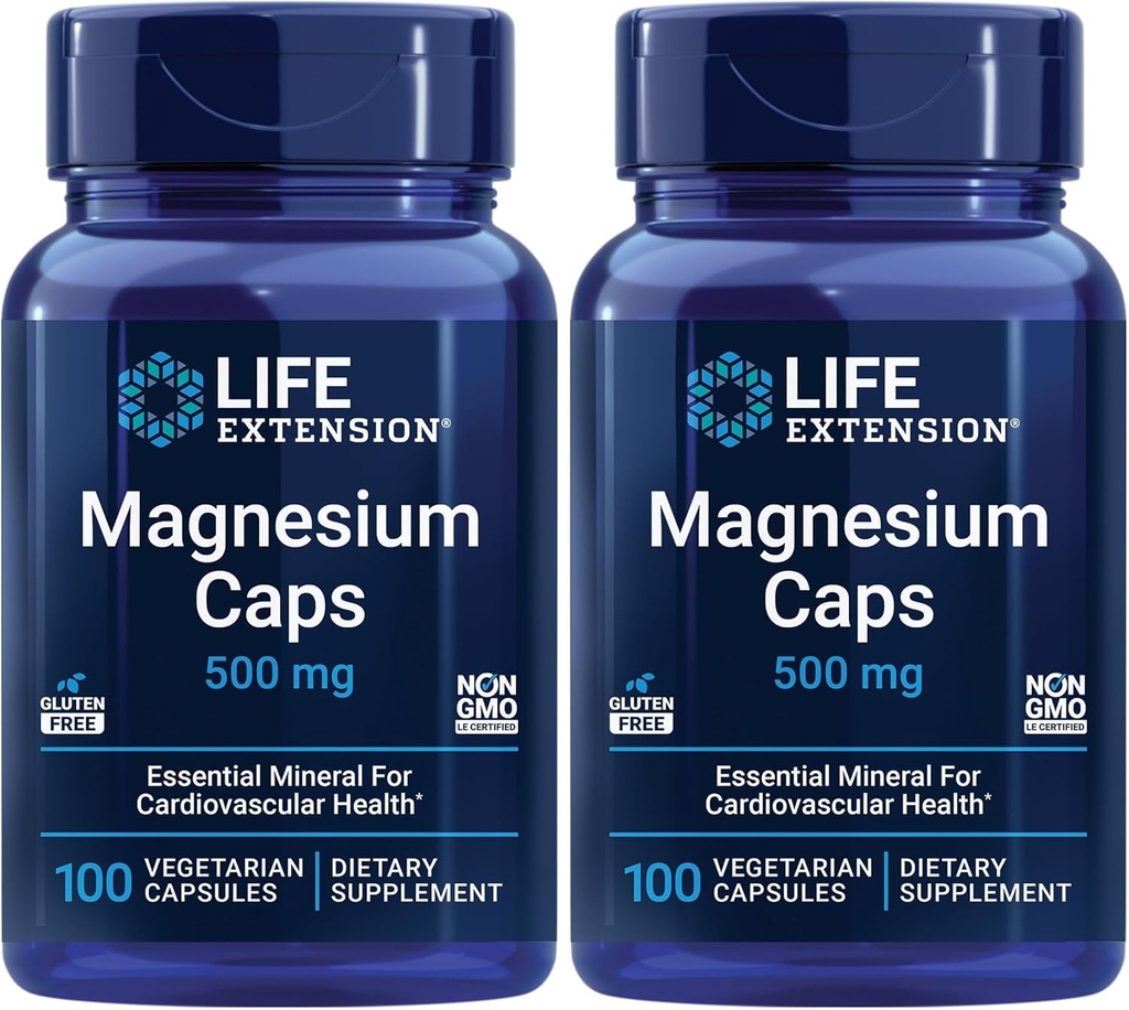 Life Extension Magnesium Caps, 500 mg, Magnesium Oxide, Citrat, Succinat, Heart Health, Sunde Knogler, Metabolisme Support, 100 Vegetariske Kapsler (pakke med 2)