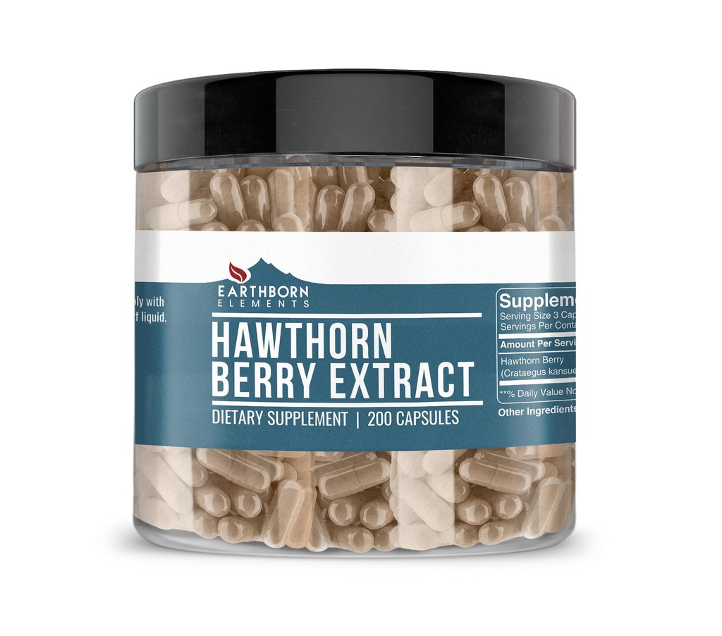 Earthborn Elements Hawthorn Berry Extract 200 Capsules, Pure & Undiluted, No Additives