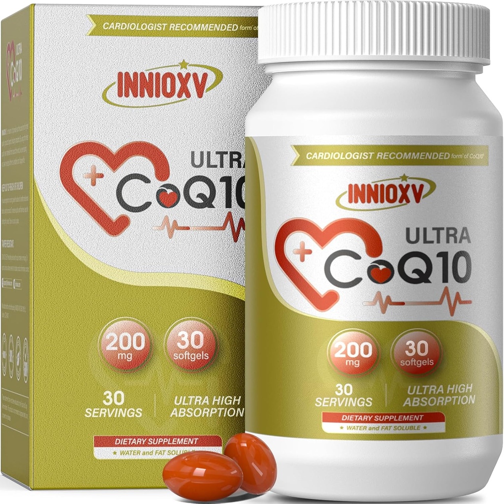 CoQ10 200mg Softgels para a saúde cardíaca, poderoso suplemento antioxidante para a saúde vascular, produción de enerxía, alta absorción de CoQ10 Suplemento nutricional, 30 Softgels