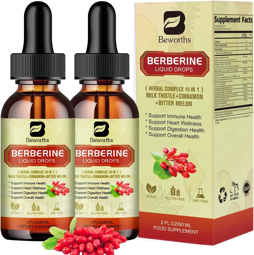 2Pack Berberine Supplement - Berberine Liquid Drops Ceylon Cinnamon, Turmeric, Bitter Melon, Milk Thistle, Berberine HCL Supplement-ek AMPK eta GLP-1 aktibatzen ditu digestio-sistemaren euskarriarentzat