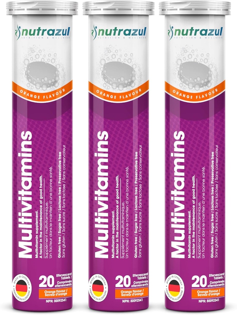 Nutrazul Multivitamin Effervescent Tablets | 60 Tablet | Immune euskarria 9 bitamina esentzialekin | Perfect Daily Wellness for Adults & Kids | Orange Flavor