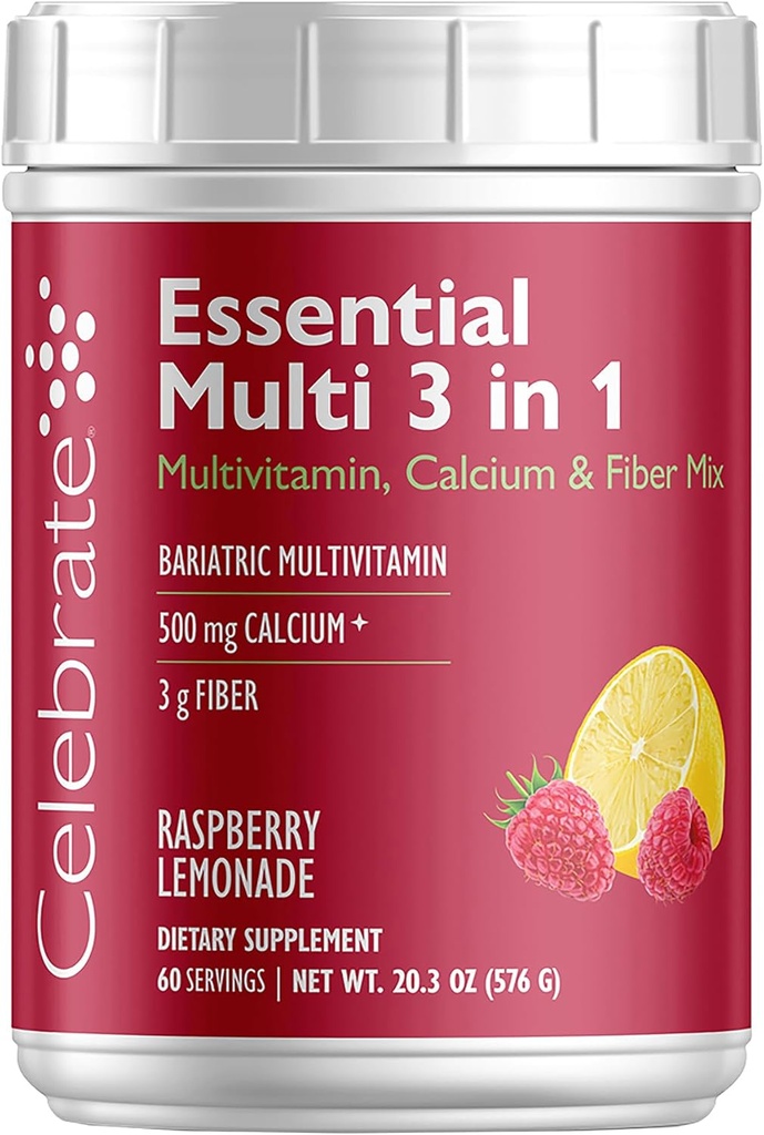 Celebrate Vitamine 3-in-1 Bariatric Multivitamin mit Calcium Citrate Drink Mix - 500mg Calcium, Glutenfrei, Zuckerfrei - Pulvermischung für Post Bariatric Surgery - Rasp Lemonade (60 Servietten)