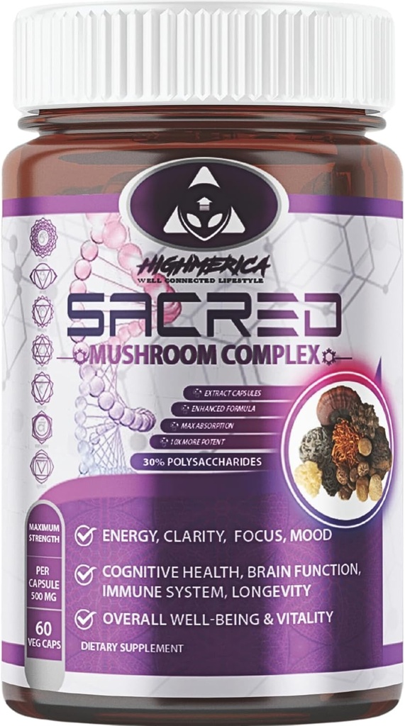 7 Sacred Mushroom Complex - Lion's Mane, Cordyceps, Reishi, Turkey Tail, Chaga, Maitake & Shiitake - Nootropic für Gehirn und kognitive Unterstützung - Energie & Immunität
