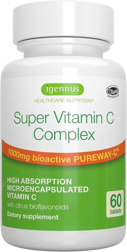 Igennus High Absorption Super C, Cleanstail-C 1000mg, Vegan C với Bioflalonoids, 60 phục vụ, 24Hour Action, Immunune Health, E năng lượng, tim & Brain