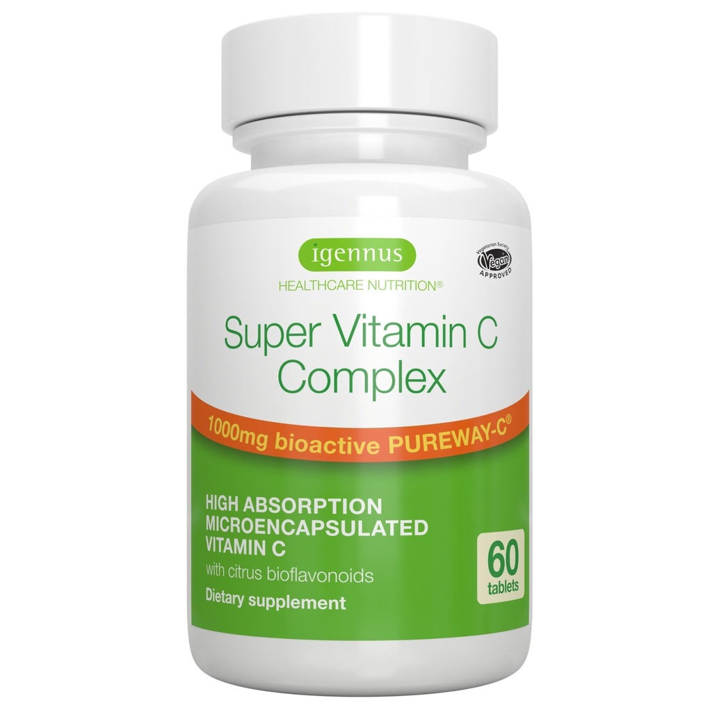 Igennus High Absorption Super Vitamin C, Clean Label Pureway-C 1000mg, Vegan Vitamin C with Bioflavonoids, 60 Servings, 24-Hour Action, Immune Health, Energy, Heart & Brain