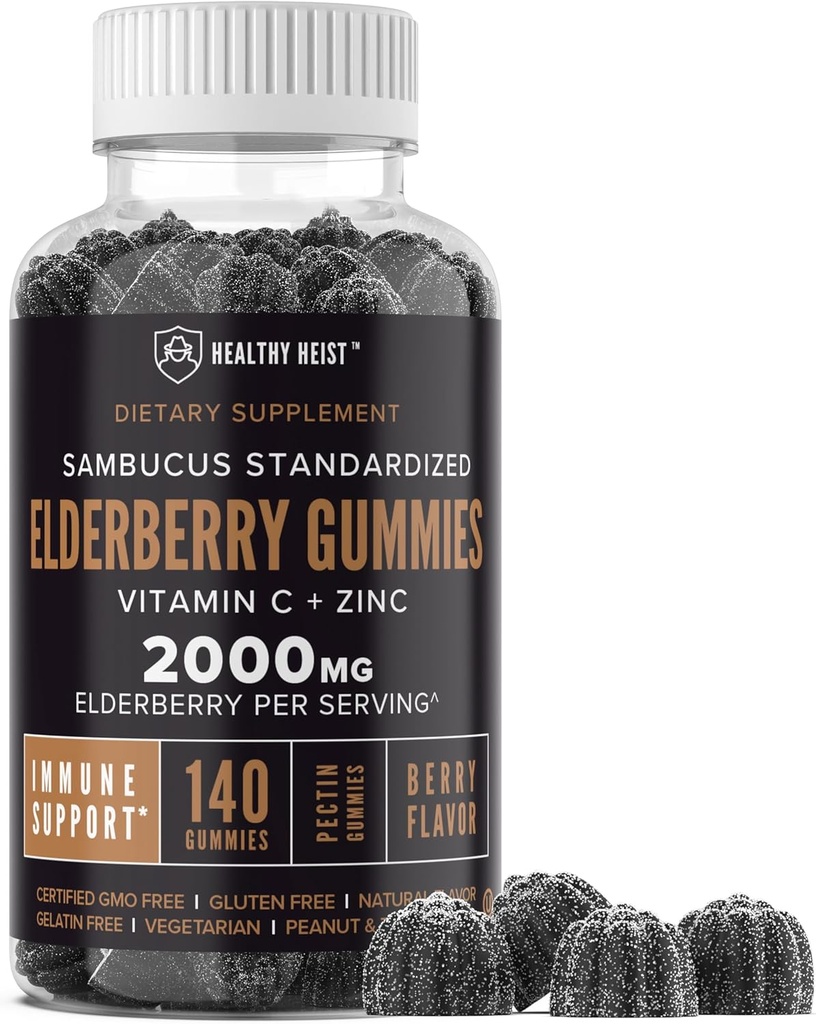 Sambucus Black Elderberry Gummies med Zink och Vitamin C, 140 Gummies, Chewable Immune Support för vuxna och barn, Non GMO, Kosher, Pectin, Vegan, Delicious Berry Flavor