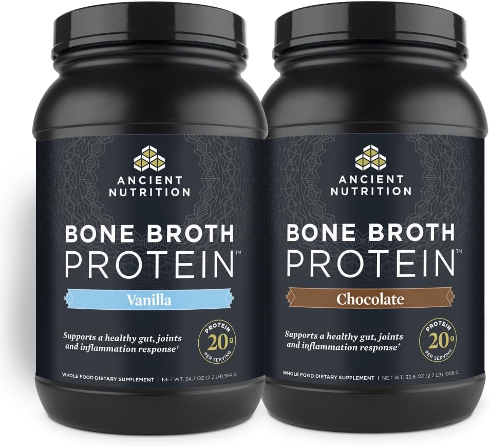 Ancient Nutrition Bone Broth Protein Powder, Chocolate, 40 tarjoilua + Bone Broth Protein Powder, Vanilla, 40 tarjoilua