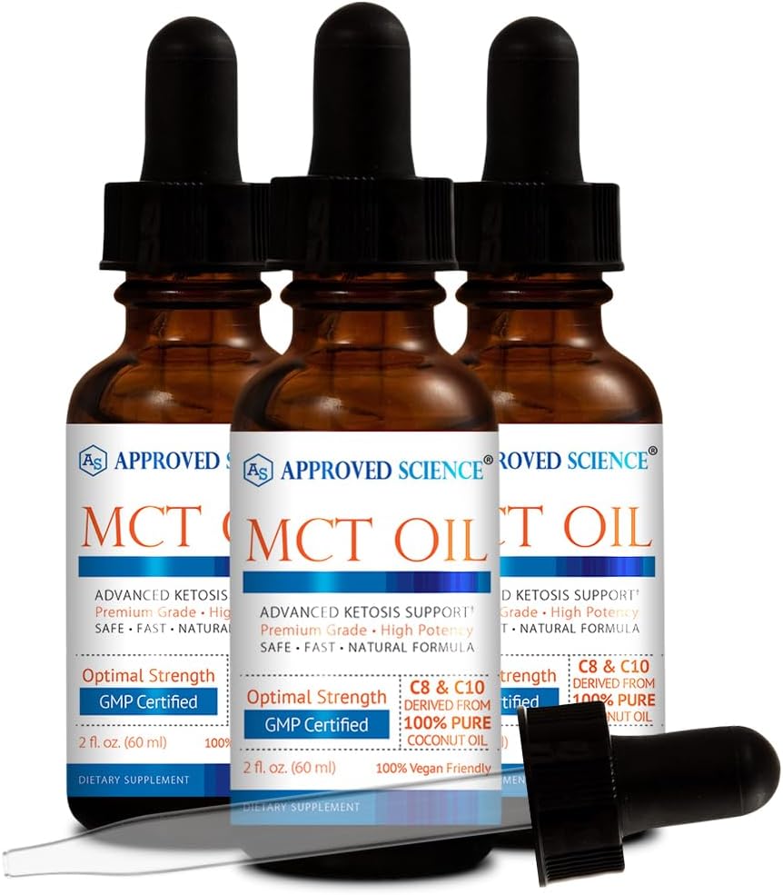 Olio MCT approvato Science® - Trigliceride puro a catena media (MCT) Olio derivato da noci di cocco con acido caprilico (C8) e acido caprico (C10) - Vegan, 60 ml - Confezione da 3