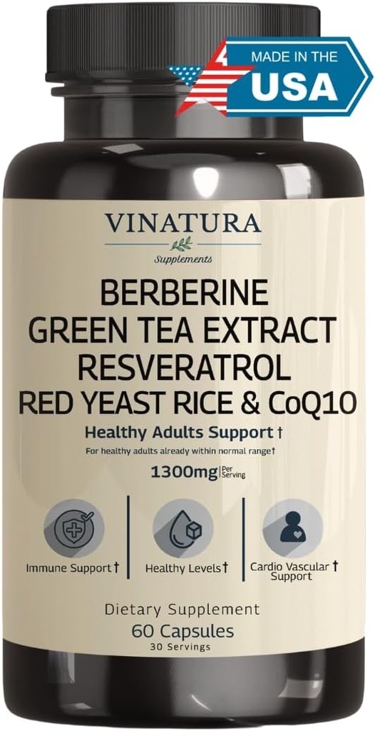 VINATURA Berberine HCL & Ceylon Cinnamon - Red Yeast Rice & CoQ10 1300mg per Serving *USA Made & Tested* Healthy Levels with Green Tea Extract, Resveratrol, Magnesium, Glycinate, Chromium Picolinate