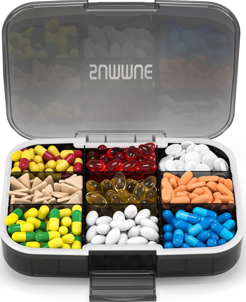 Organizador de pílulas grandes, 9 comparacións Portable Travel Pill Box Case Proba de humidade, XL Pill Container Holder para vitaminas, aceite de fígado de bacallau, Suplementos, medicación (Black)