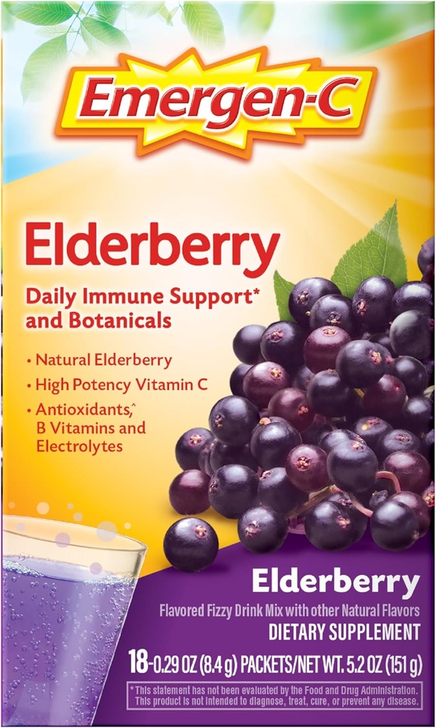 Emergen-C Elderberry Fizzy Drink Mix, Elderberry Immune Support, naturliga smaker, med hög styrka vitamin C, 18 greve