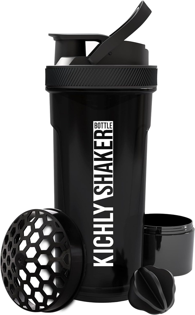 KICHLY Shaker Bouteille 1 Pack - 24 Ounce Plastic Protein Shaker Bouteille pour pré-entraînement et post entraînement avec Twist & Lock Protein Box Storage (Noir)
