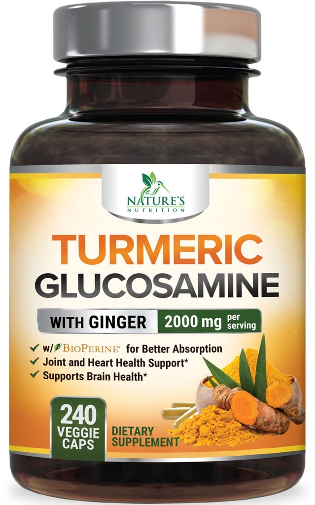 Turmeric Curcumin Supplement - 95% Curcuminoids with Glucosamine, Ginger & MSM, BioPerine Black Pepper Extract for Best Absorption, Natural Vegan Joint Support, Non-GMO, Bottled in USA - 240 Capsules