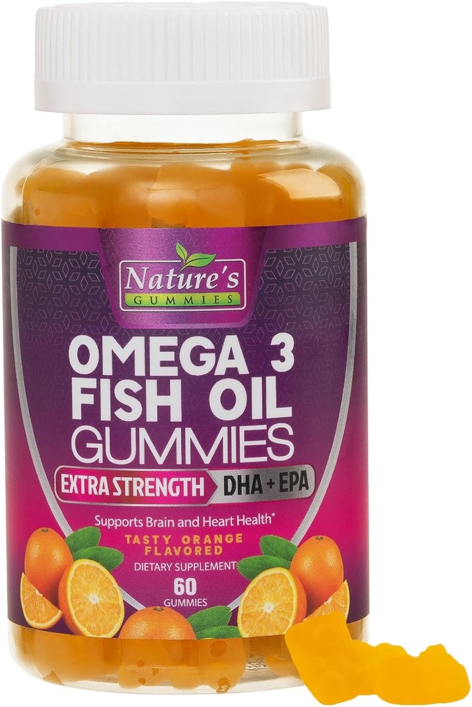 Omega 3 Balıq Yağı Şərhlər, DHA və EPA, Extra Strength Asiya və Brain Support, Orange Flavor Fish Oil Nature Vitamin - 60 Gummies