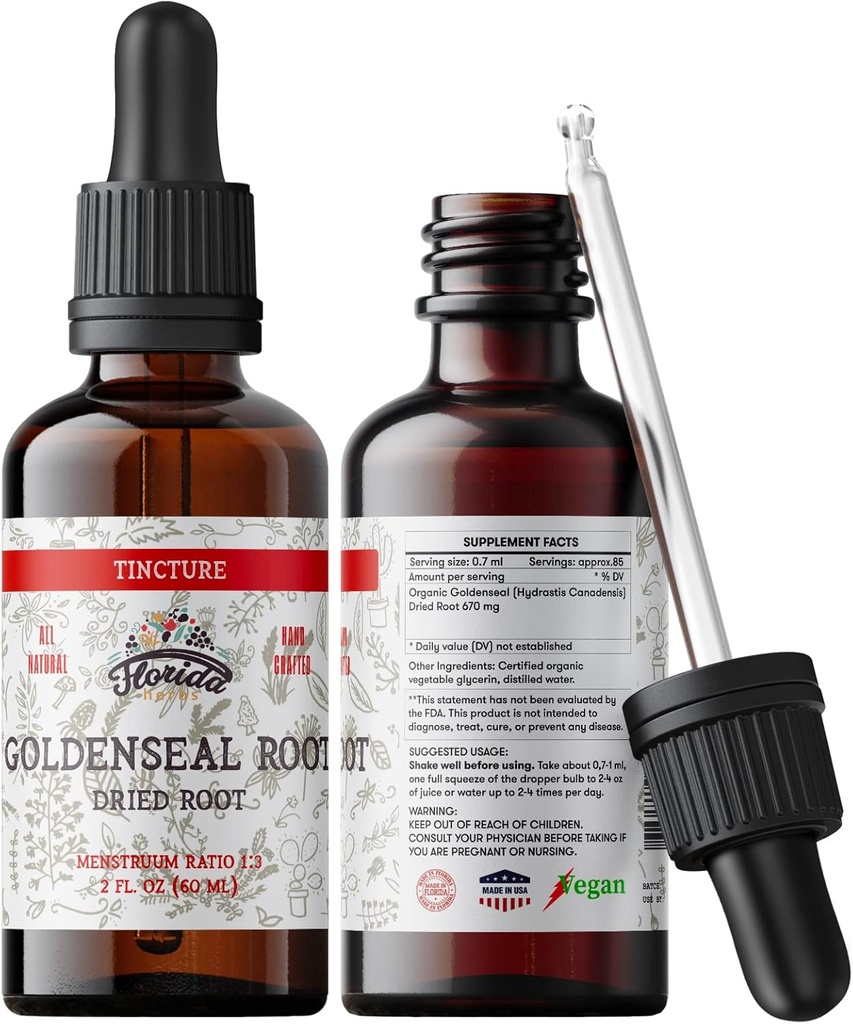 Goldenseal Tincture 2 oz - Organic Herbal Extract 124; Alkohol zdarma 124; Vegan Herbal Drops - Made in USA