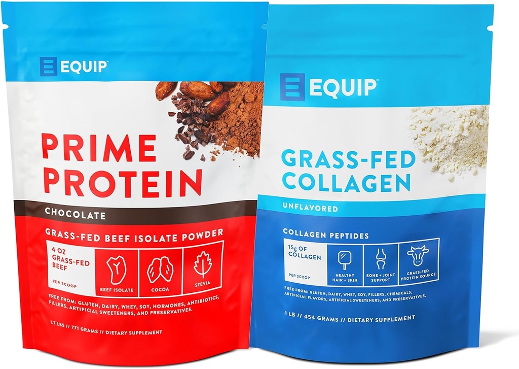 Equip Foods Prime Protein Powder Chocolate & Grass Fed Collagen Powder Unflashed