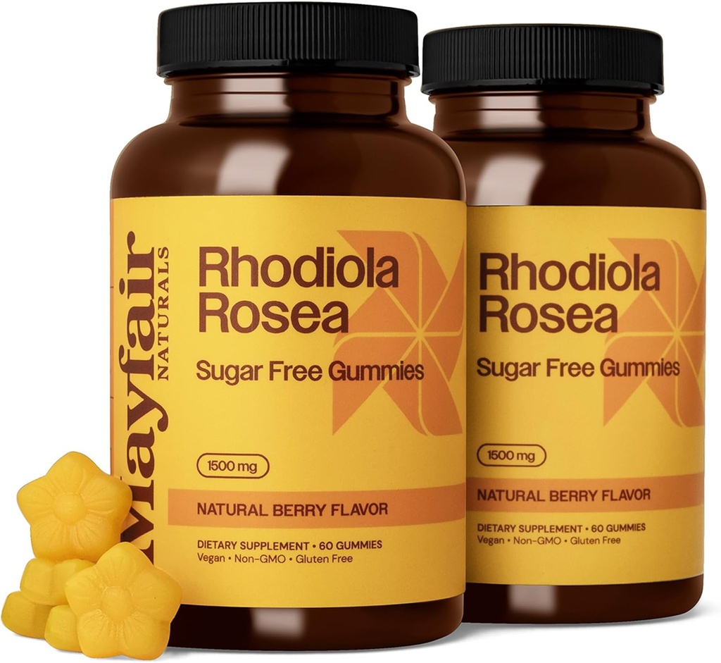 Rhodiola Rosea Sugar Free Gummies (2 Pack), Kosttillskott, 1500mg, 60 Gummies Varje (120 Total), Naturlig Berry smak