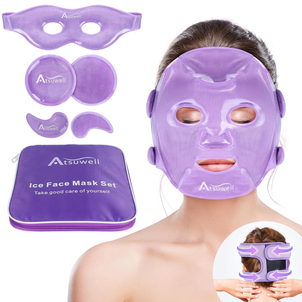 Atsuwell Cooling Ice Face Eye Mask Set pentru Cercuri Întunecate și Puffiness, 6 Gel Cold Packs pentru Face, Eyes, Soft Plush Lining Pad-uri de gheață Compress rece, Relaxare, Cool Bag Inclus