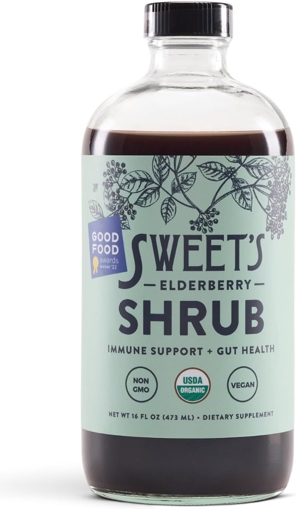 Sweet's Elderberry Organic Shrub | USDA Organic | Supporto Digestivo e Immune | Aceto Versatile Bere | Miscelatore Mocktail | 16 oz Bottiglia riciclabile