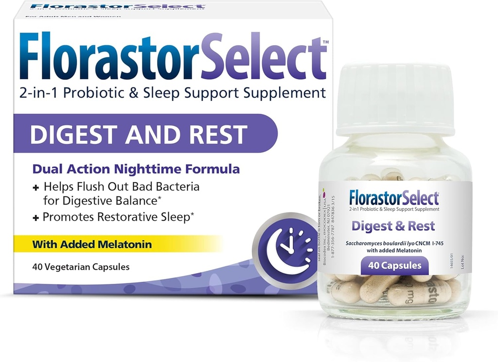 Florastor Probiotic Digest and Rest, Saccharomyces Boulardii Probiotics with Melatonin (4mg), Natural Sleep Aid + Digestive Support, 40 cápsulas