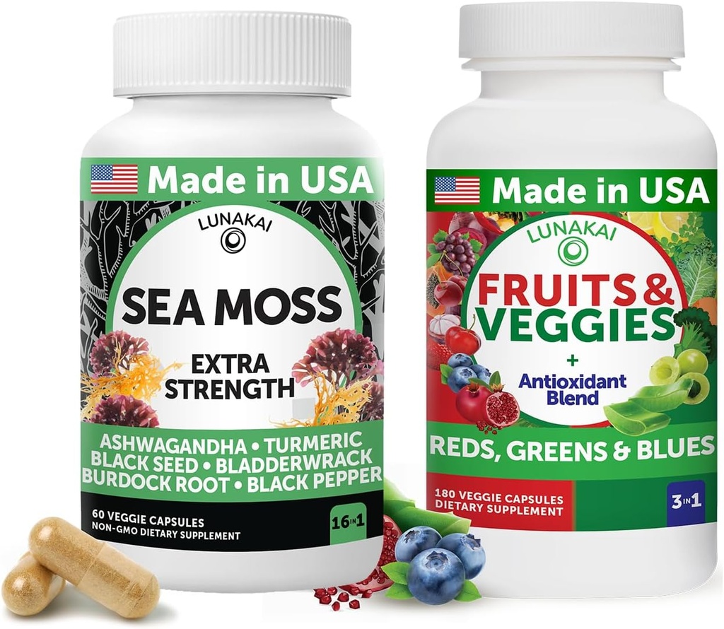 Lunakai USA Made Superfood Fruits & Vegies Suplement & Irish Sea Moss Bundle with 4 Blends, Black Seed Oil & Ashwagandha for Imune & Wellness Support