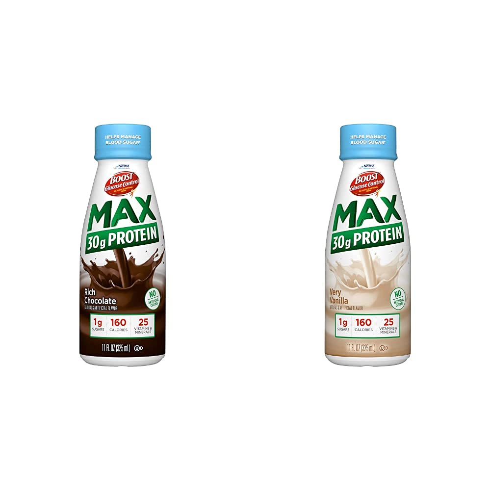 BOOST Глюкоза Control Max 30g Протеин Хранителна напитка, 12 Богат шоколад + 12 Много ванилия (пакет от 24)