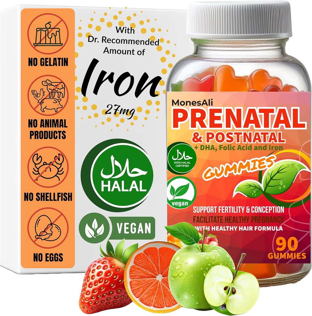 Prenatal Vitamin Gummies för kvinnor | & Postnatal | Vegan, Halal, Gelatin Free | med Folate, Iron & Biotin | Stöder graviditet, Postpartum Energy & Hair Health