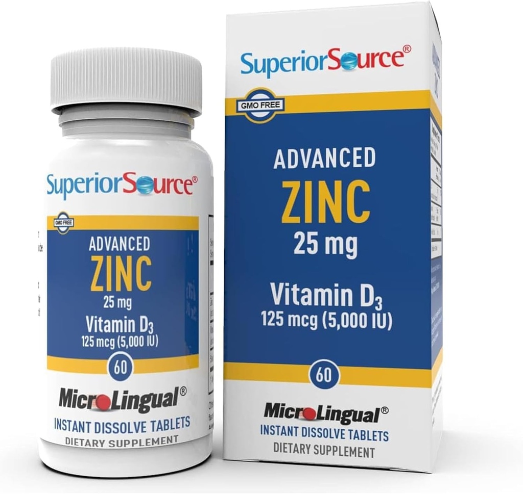 Fontes avanzadas Zinc 25 mg - Inclúe Vitamina D3 5,000 IU - Suplemento Immune Premium para homes e mulleres - Non-GMO e Gluten-Free - 60 MicroLingual Dissolvable Tablets