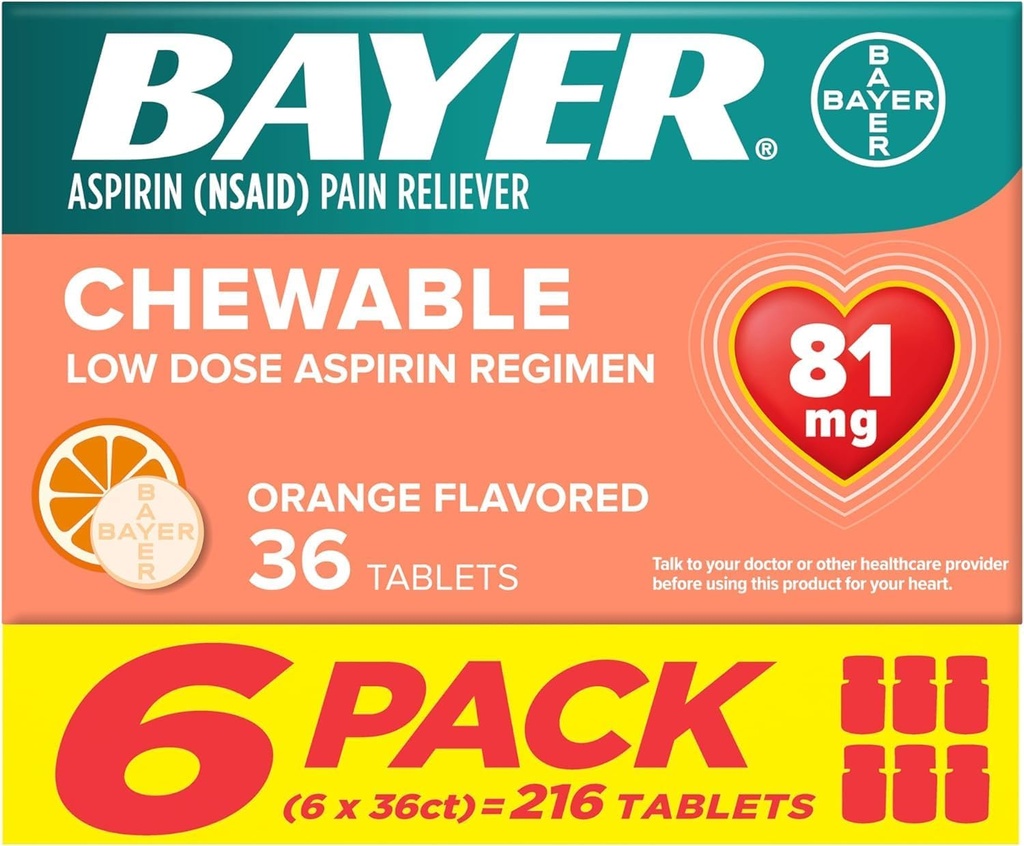 Bayer Aspirin 低剂量 81 mg 可切片, 疼痛解脱剂, 橙色裂片, 216 片 (6包)