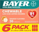 Bayer aspirina Low Dose 81 mg Chewable Tablets, Pain Reliever, Orange Flavored, 216 Tablet (6 Pack)