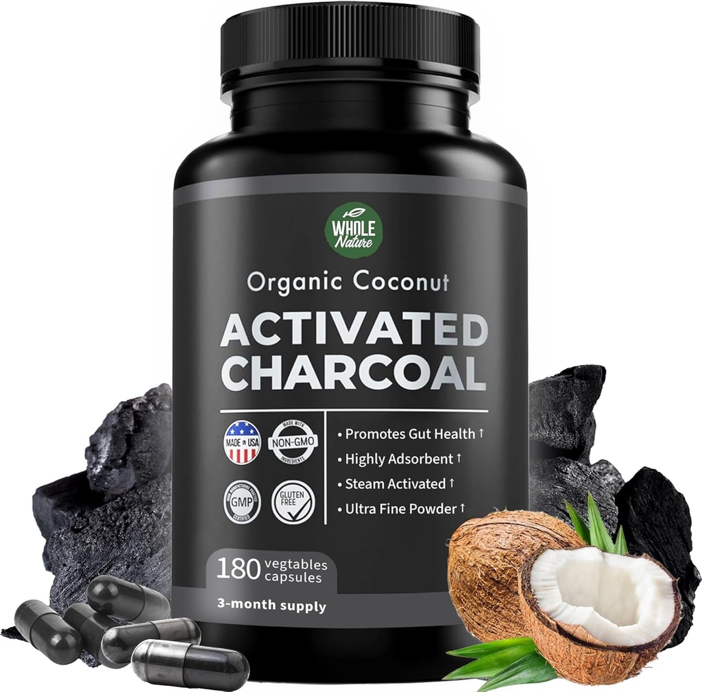 Coconut Pure Activated Charcoal Capsules - 180 Charcoal Pills, helps with Teeth Whitening, Bloating and Body Cleansing. Non-GMO - Gluten Free, Vegan