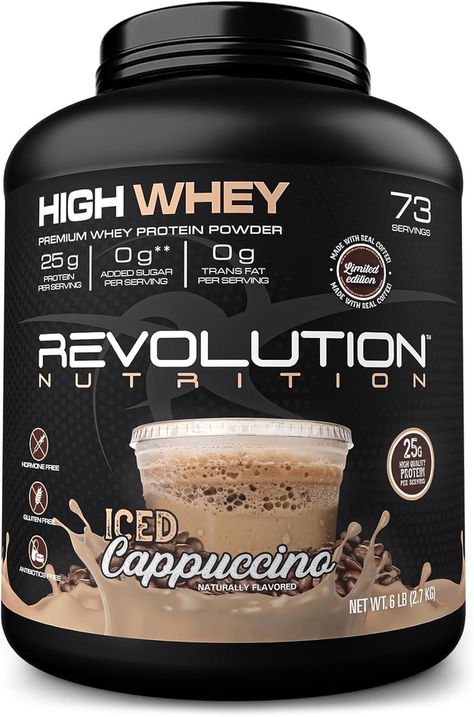 Revolution Nutrition, High Whey, Poudre de Protéines 6LB, Isolée de Whey, Sans gluten, Masse musculaire maigre pour les hommes et les femmes, 25g de protéines par scoop, 2,7kg, 73 portions (Iced Cappuccino, 6 livres)