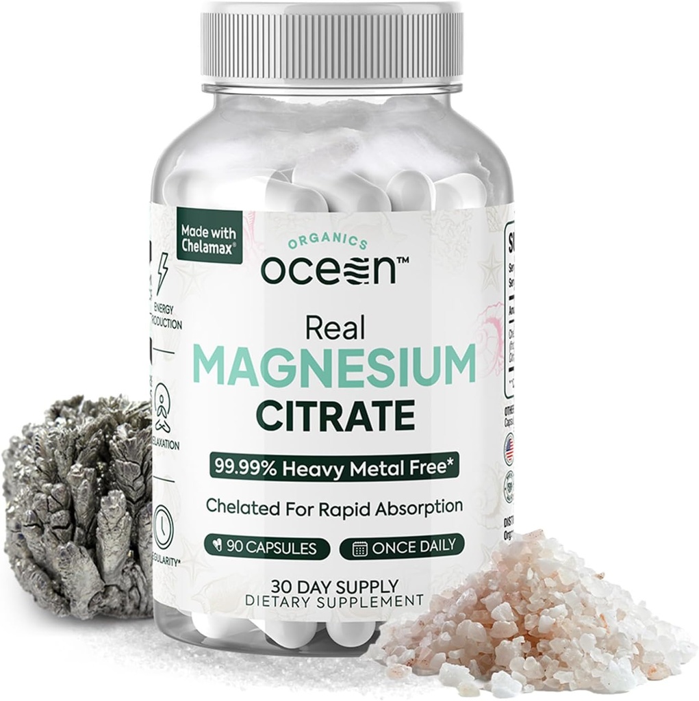 Organics Ocean Real Magnésium Citrate - Supplément Magnésium à haute absorption - Magnésium chélaté pour soutenir l'énergie, la relaxation et la régularité