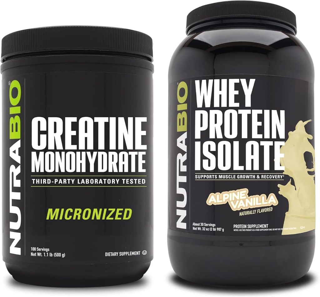 NutraBio Creatine Monohydrate, Unflavored, 500g 및 Whey Protein Isolate, Alpine Vanilla, 보충 번들 - 근육 에너지, Lean 근육 성장, 회복 및 힘