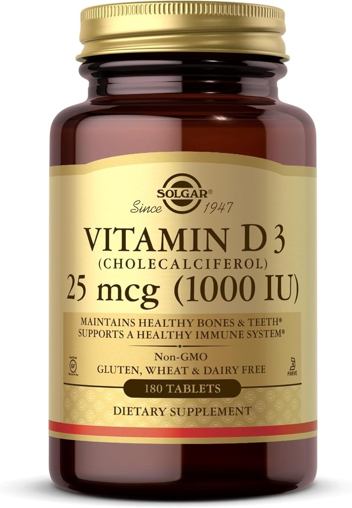 Solgar Vitamin D3 (Cholecalciferol) 25 mcg (1000 IU) — 180 Tablets - helps Maintain Healthy Bones ' Teeth - Immune System Support - Non-GMO, Gluten Free, Dairy Free, Kosher - 180 Servings