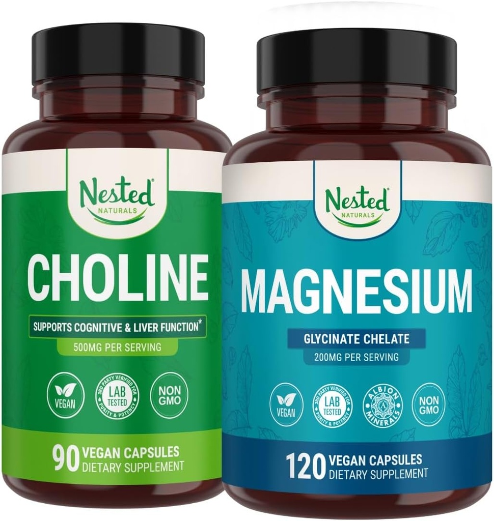 Nested Naturals Choline Bitartrate " Magnesium Glycinate Chelate Stack , chillation, sleep Support, Cognitive Performance (210 count)
