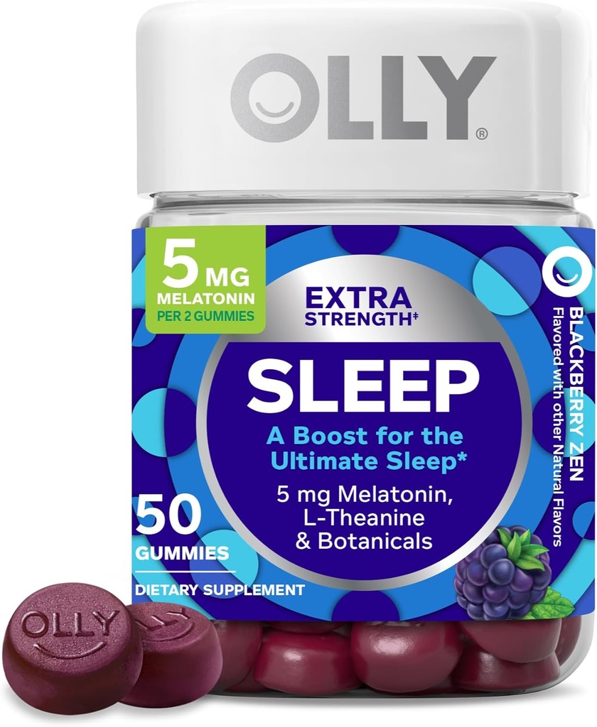 OLLY Extra Strength Sleep Gummy, 5 mg 멜라토닌, L-Theanine, Chamomile, 레몬 발름, 수면 보조, BlackBerry - 50 카운트