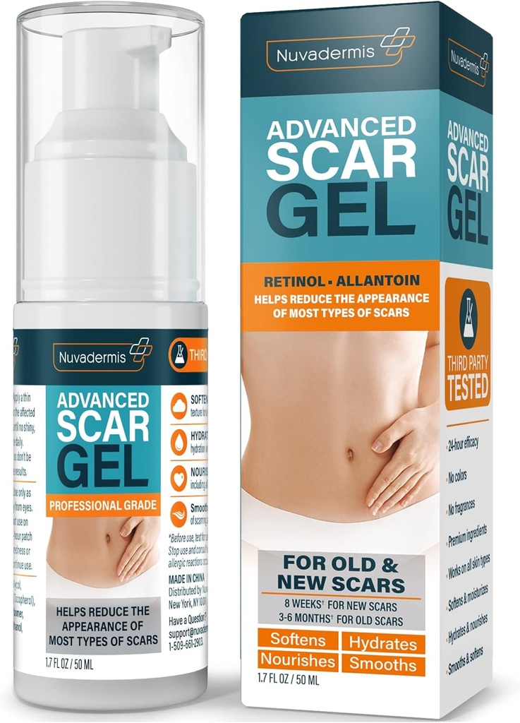 NUVADERMIS Scar Scar Gel - 1,7 Fl Oz, caurspīdīgs gels - retinols un E vitamīns formula ķirurģiskiem izsitumiem - C-sadaļa, tumšs tuck un doloīds aprūpe