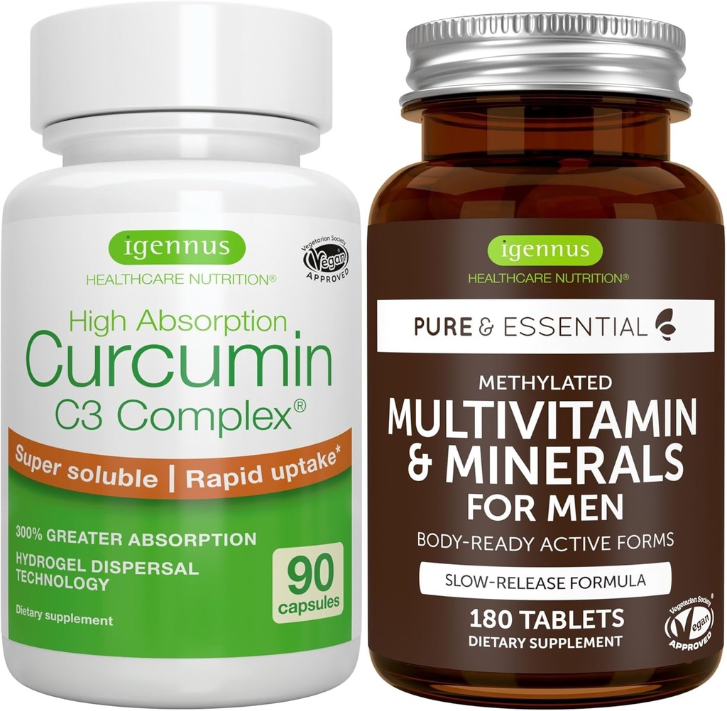 Multivitamin & Minerals for Men + High Absorption Curcumin C3 Complex, Vegan Bundle, Sustained Release Advanced Multivitamin + 300% Greater Absorption Curcuminoids with Rapid Uptake, Igennususen eskutik